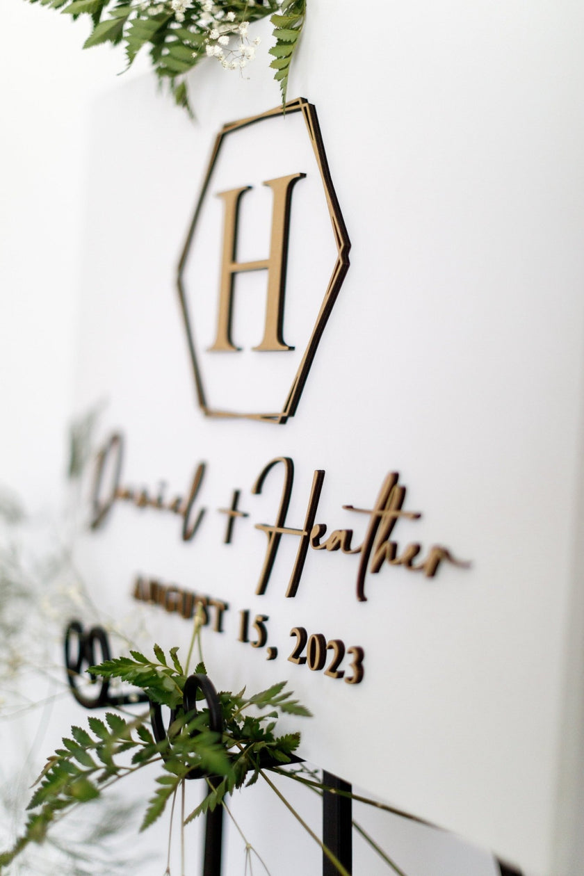 Hexagon Wedding Welcome Sign, Custom 3D Wood Wedding Sign, Ceremony Sign, Modern Wedding, Minimalist White and Champagne Sign - Small Town Timbers